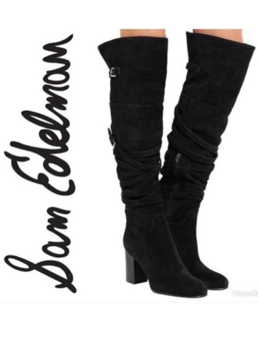 Sam Edelman Black Suede Sable Tall Block Heel Boots
